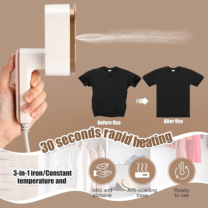 Portable Travel Mini Iron for Clothes 3 in 1 Travel Steamer 180° Rotating Handheld Iron Portable Small Size Machine for Dry and Wet for College Dorm(White)