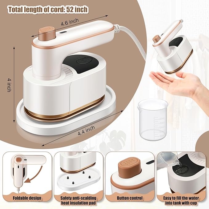Portable Travel Mini Iron for Clothes 3 in 1 Travel Steamer 180° Rotating Handheld Iron Portable Small Size Machine for Dry and Wet for College Dorm(White)