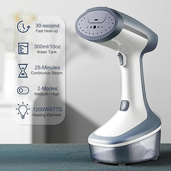 Steamer for Clothes, 2 Modes Steam Iron Garment & Fabric Wrinkle Remover, 30-Second Fast Heat Up, 300ml Detachable Water Tank, 25 Minutes Continuous Steam for Home, Office and Travel