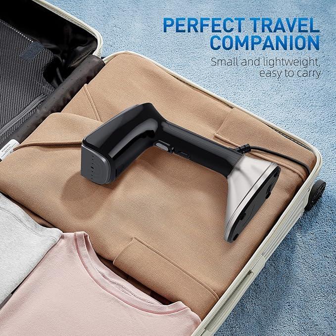 Steamer for Clothes -1800W with Wet/Dry Ironing Modes, 20-Second Heat-up, Detachable Water Tank, Heat-Resistant Gloves for Wrinkle Removal. Suitable for 120V Countries. Color: Black